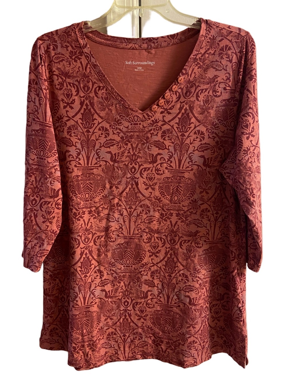Soft Surroundings Terracotta Filigree Bird Print Button V-Neck Tunic Top